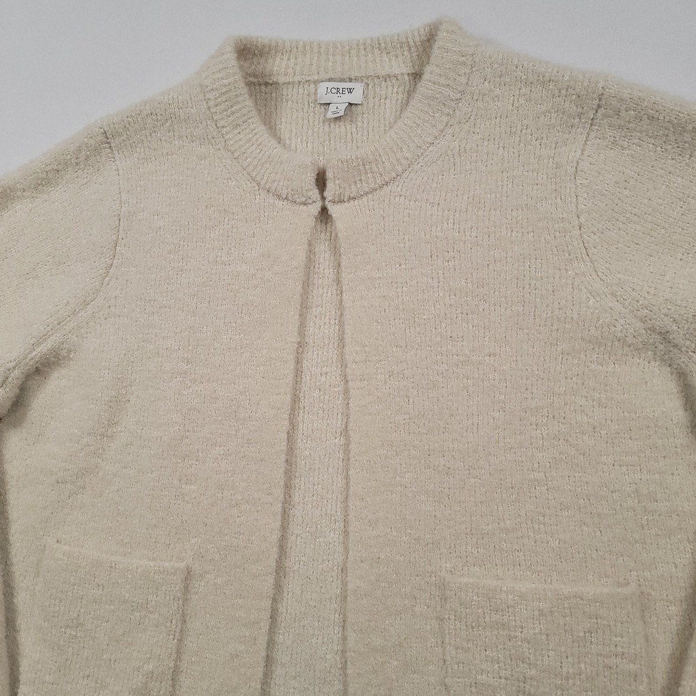 J.Crew Women Boucle Cardigan Sweater Large Cream Wool Alpaca Crop Open Front